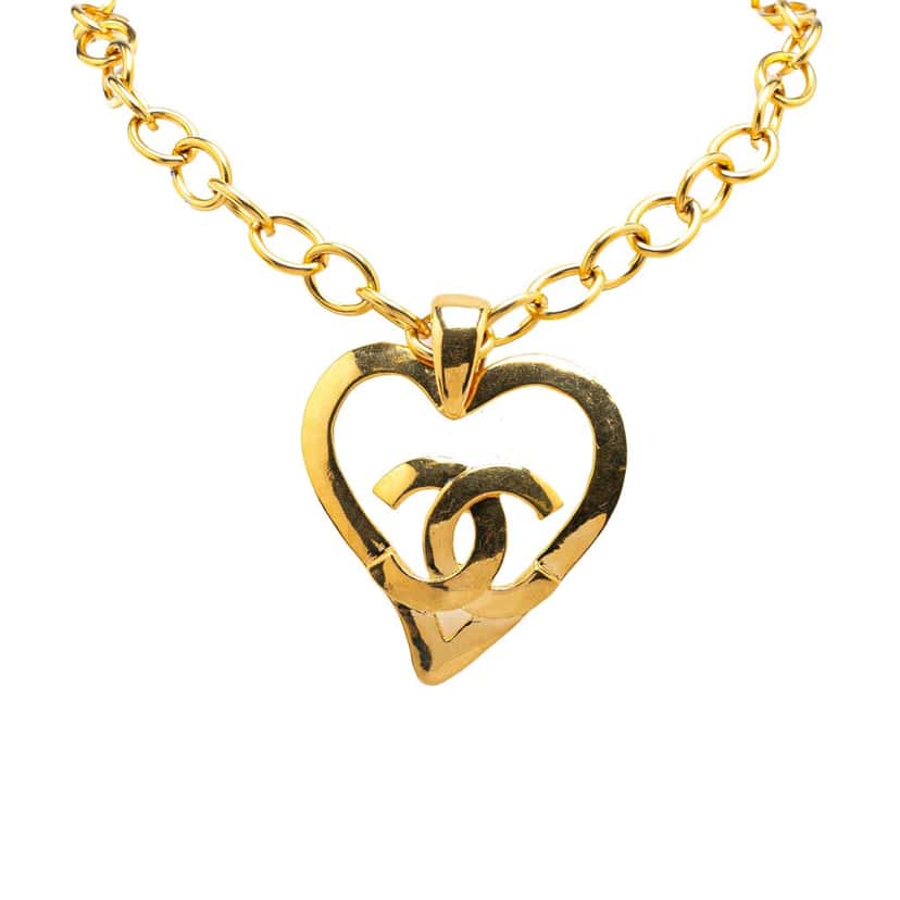 Chanel Gold Plated CC Heart Pendant Necklace Gold Metal Good condition - Front View