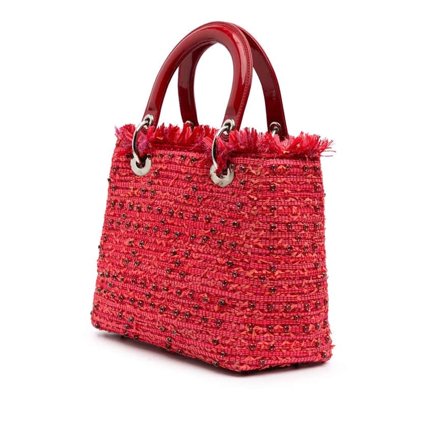 Dior Medium Tweed Fringe Rhinestone Lady Dior Red Tweed Good condition - Back View