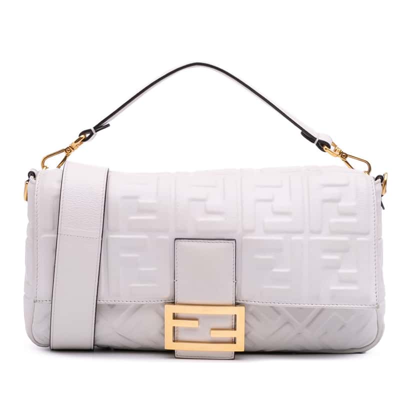 Fendi Large Zucca Embossed Leather Baguette Satchel White Leather Good condition - Front View