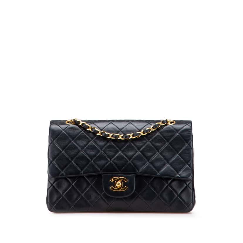 Chanel Medium Classic Lambskin Double Flap Black Leather Good condition - Front View