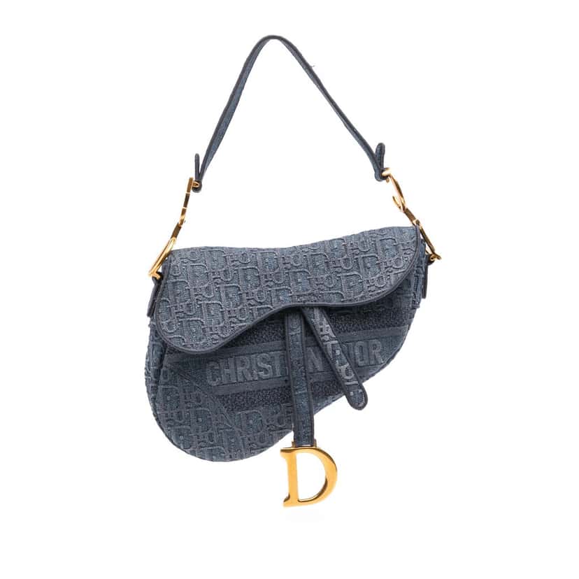 Dior Oblique Denim Embroidered Saddle Bag Blue Denim Good condition - Front View