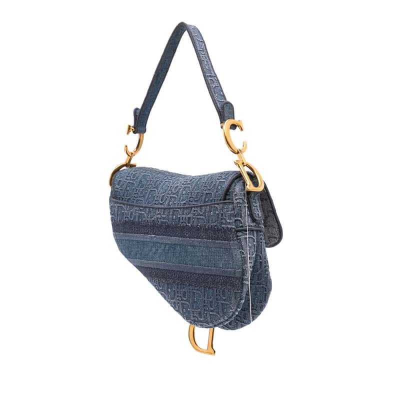 Dior Oblique Denim Embroidered Saddle Bag Blue Denim Good condition - Back View