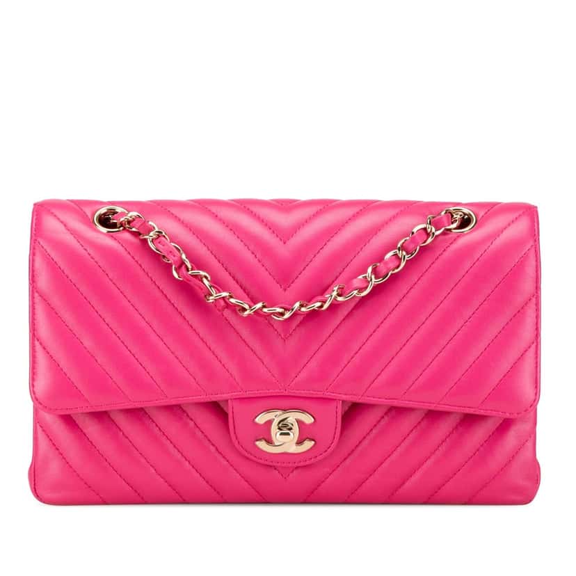 Chanel Medium Classic Chevron Lambskin Double Flap Pink Leather Good condition - Front View