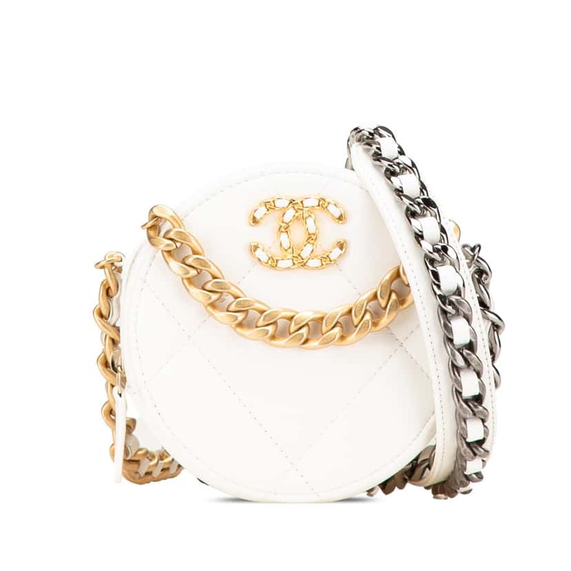 Chanel Lambskin 19 Round Clutch with Chain White Leather Good condition - Front View