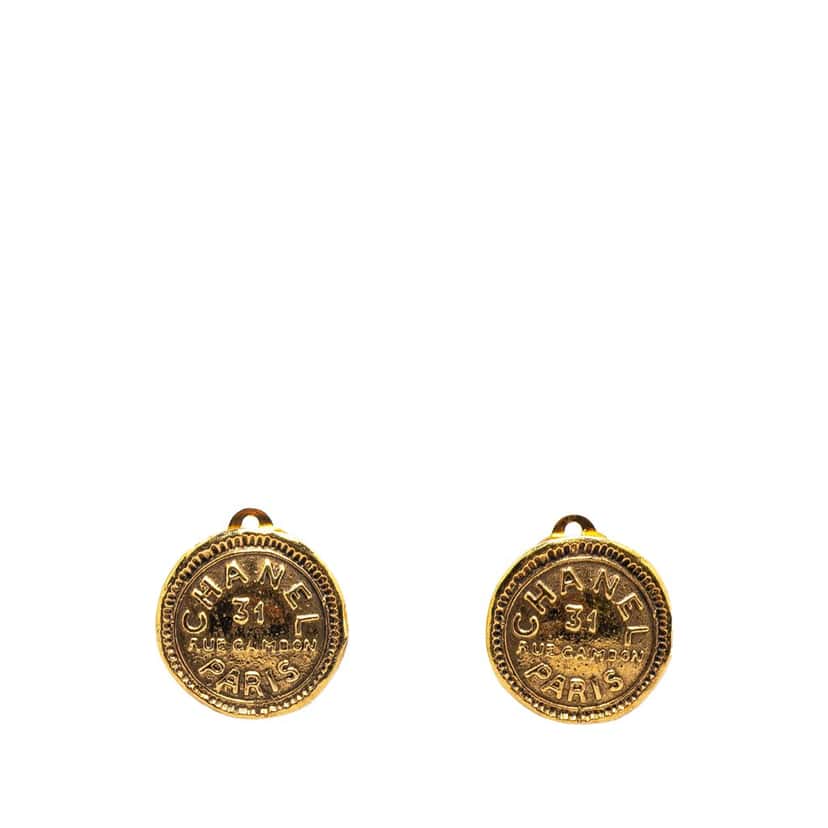 Chanel Gold Plated Rue Cambon Round Clip on Earrings Gold Metal Good condition - Front View