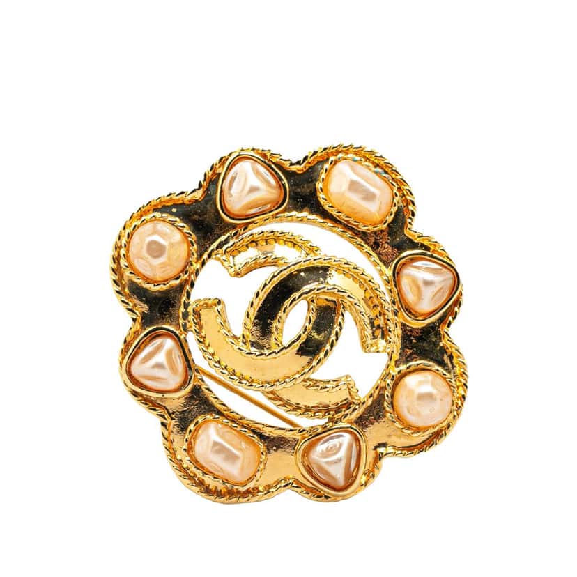 Chanel Gold Plated Faux Pearl CC Brooch Gold Metal Good condition - Front View