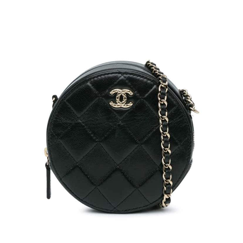 Chanel CC Quilted Lambskin Round Clutch with Chain Black Leather Good condition - Front View