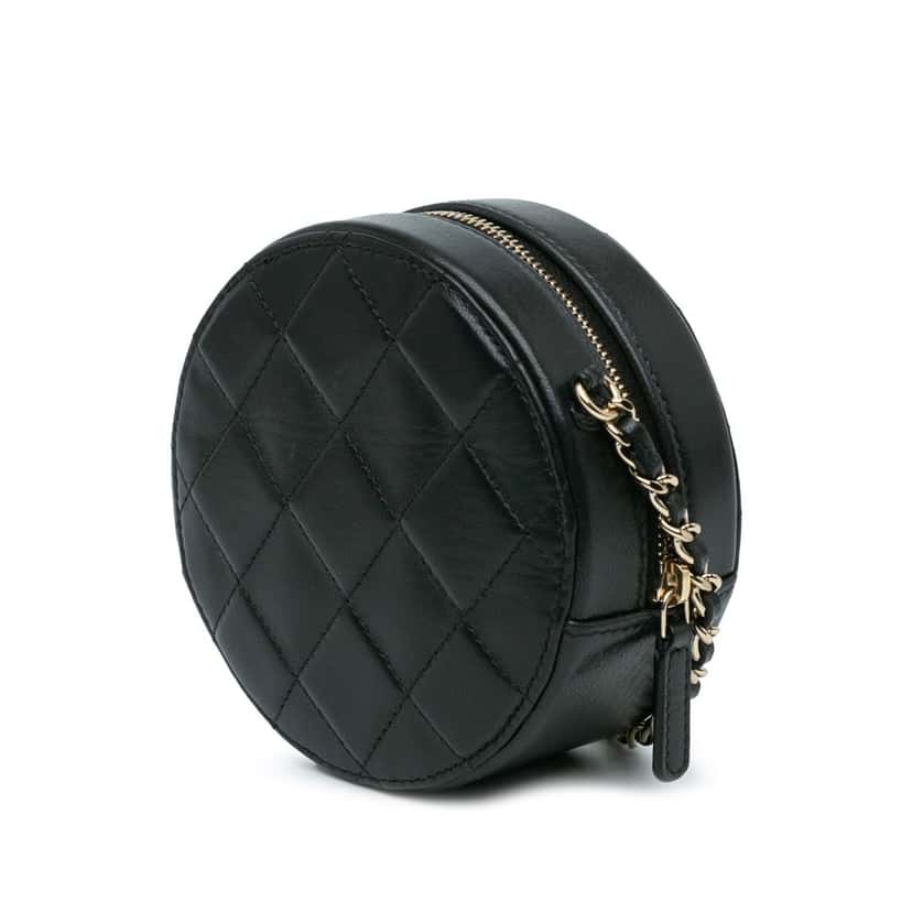 Chanel CC Quilted Lambskin Round Clutch with Chain Black Leather Good condition - Back View