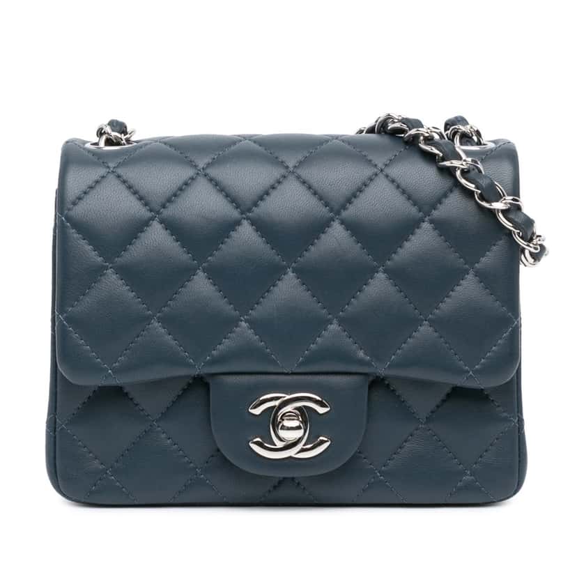 Chanel Mini Square Classic Lambskin Single Flap Blue Leather Good condition - Front View