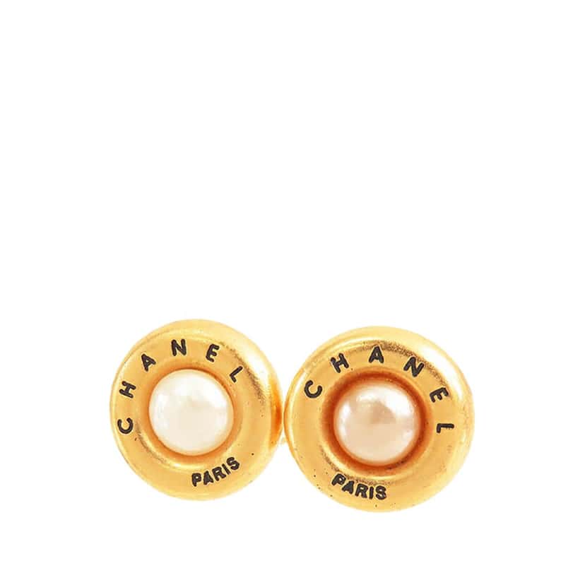 Chanel Gold Plated Faux Pearl Clip on Earrings Gold Metal Good condition - Front View