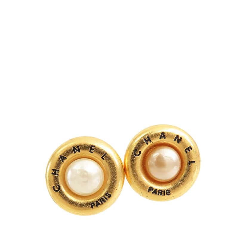 Chanel Gold Plated Faux Pearl Clip on Earrings Gold Metal Good condition - Back View