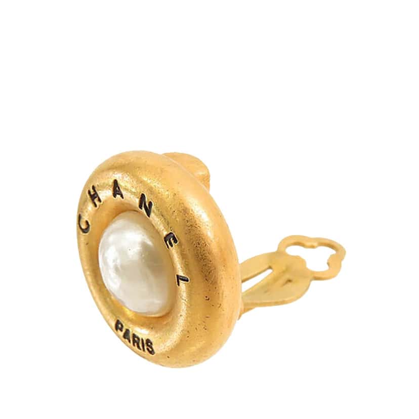Chanel Gold Plated Faux Pearl Clip on Earrings Gold Metal Good condition - Inside View