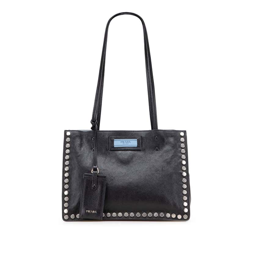 Prada Glace Calf Studded Etiquette Tote Black Leather Good condition - Front View