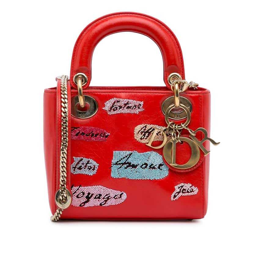 Dior Mini Calfskin Sequin Embellished Lady Dior Red Leather Very good condition - Front View
