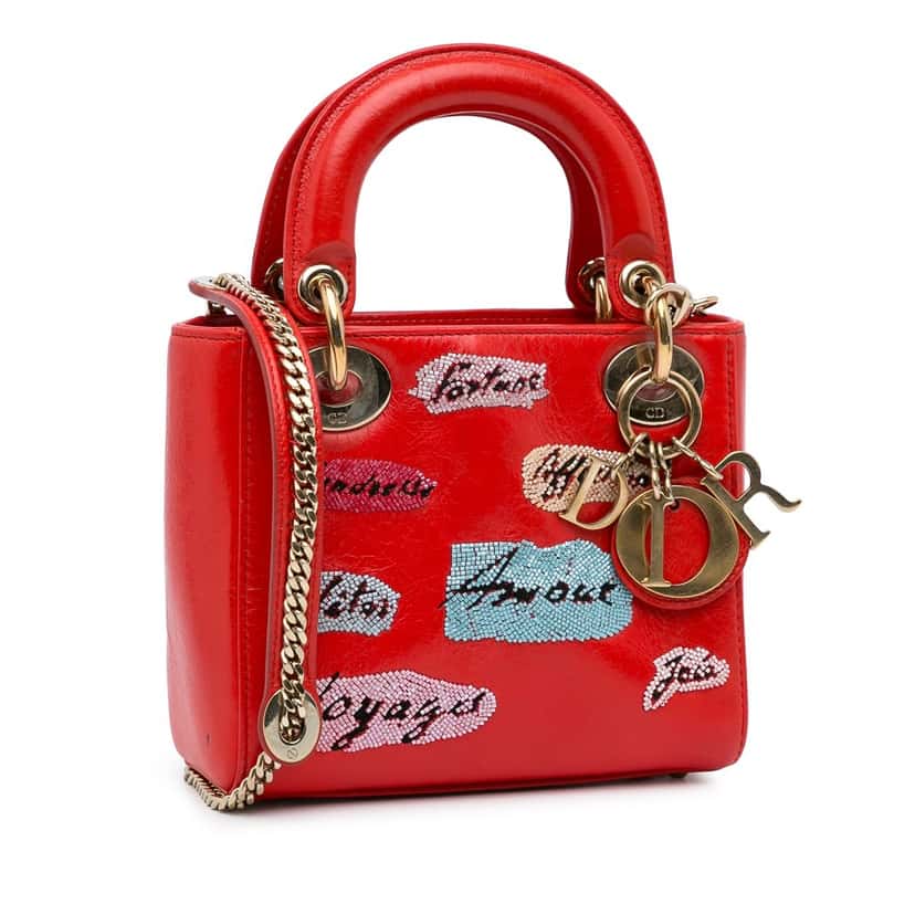 Dior Mini Calfskin Sequin Embellished Lady Dior Red Leather Very good condition - Back View