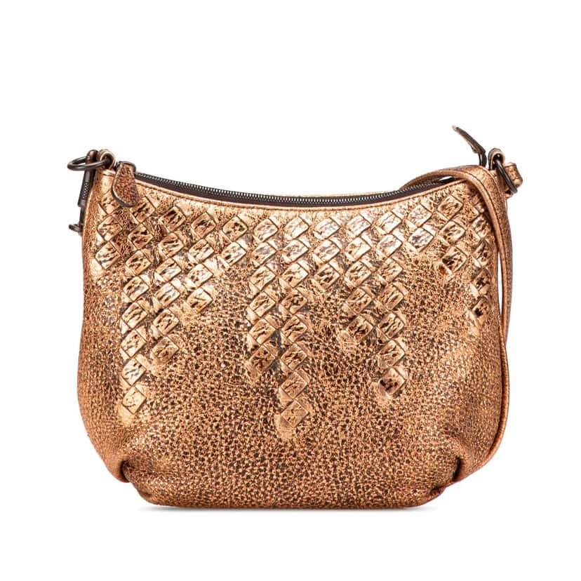 Bottega Veneta Intrecciato Trimmed Metallic Leather Crossbody Gold Leather Good condition - Front View