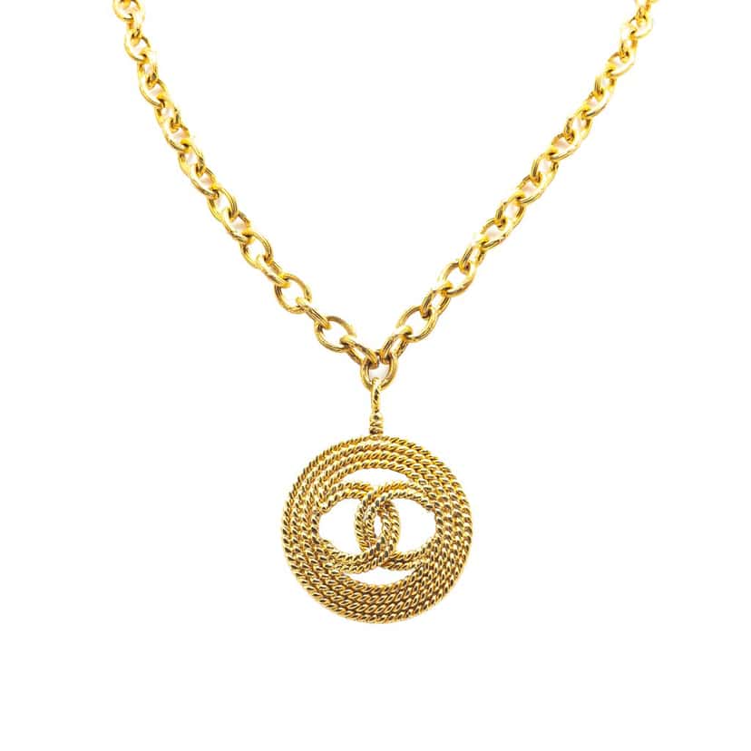 Chanel Gold Plated CC Braided Round Pendant Necklace Gold Metal Good condition - Front View