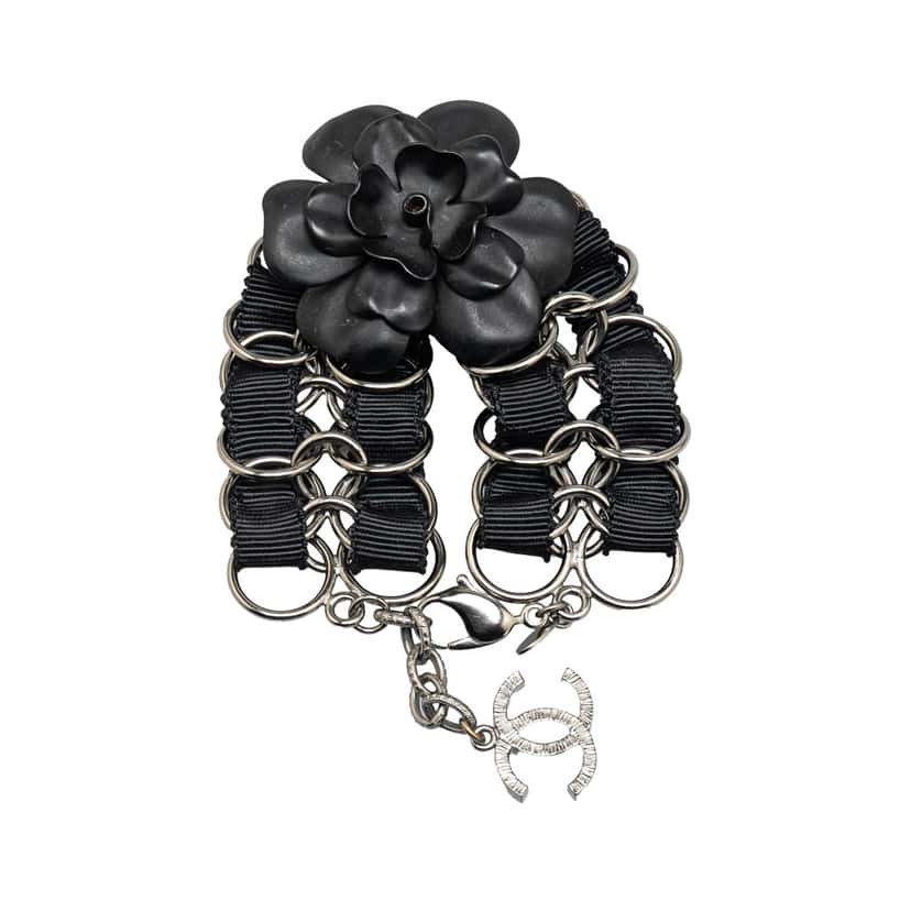Chanel Nylon Resin Camellia Chain Ribbon Bracelet Black Good condition - Inside View