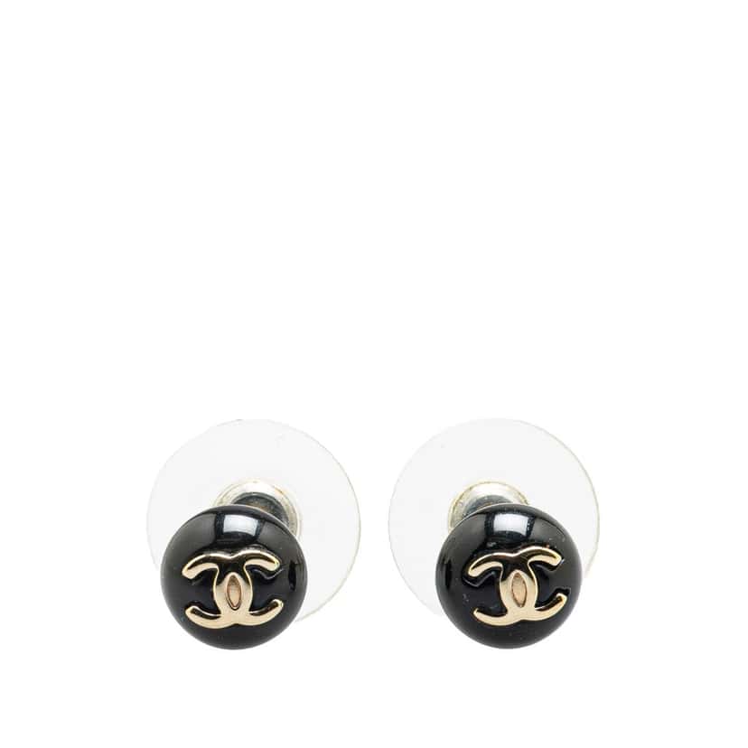 Chanel Resin CC Button Push Back Earrings Black Very good condition - Front View
