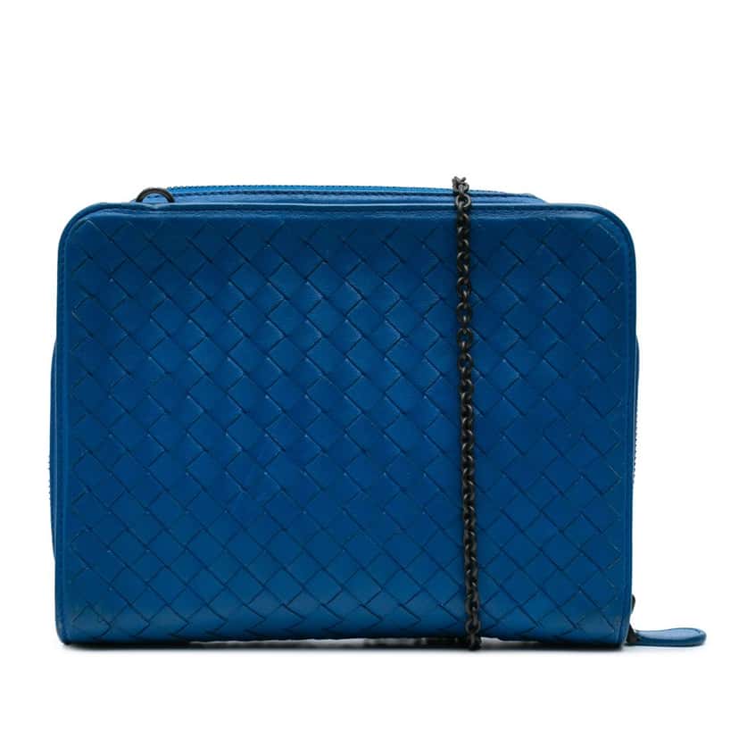 Bottega Veneta Nappa Intrecciato Zip Around Wallet On Chain Blue Leather Very good condition - Front View