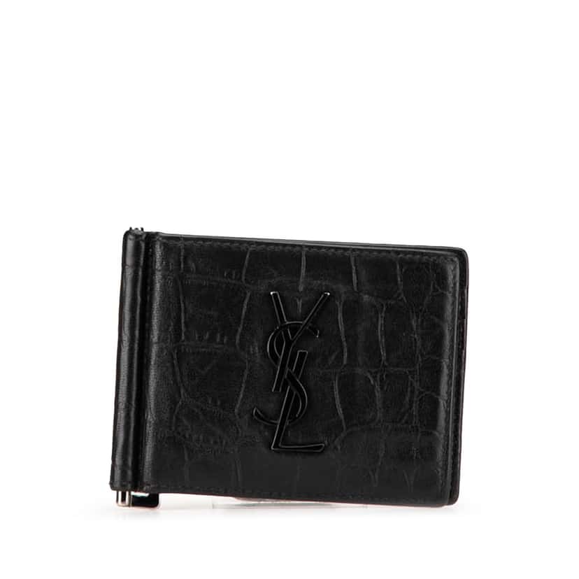 Saint Laurent Croc Embossed Leather Bifold Money Clip Black Leather Good condition - Front View