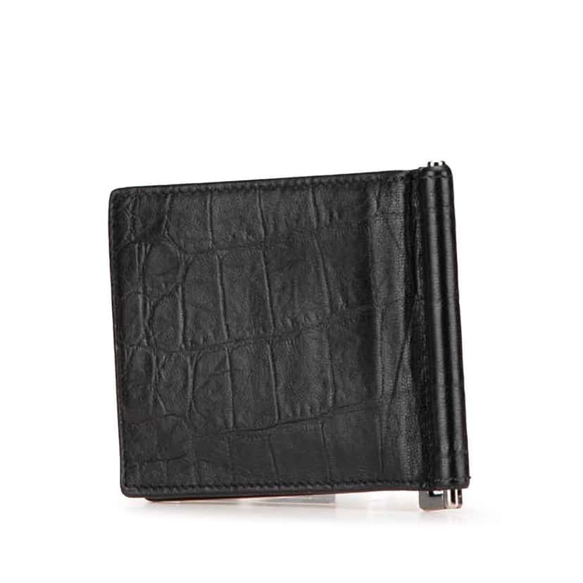 Saint Laurent Croc Embossed Leather Bifold Money Clip Black Leather Good condition - Back View
