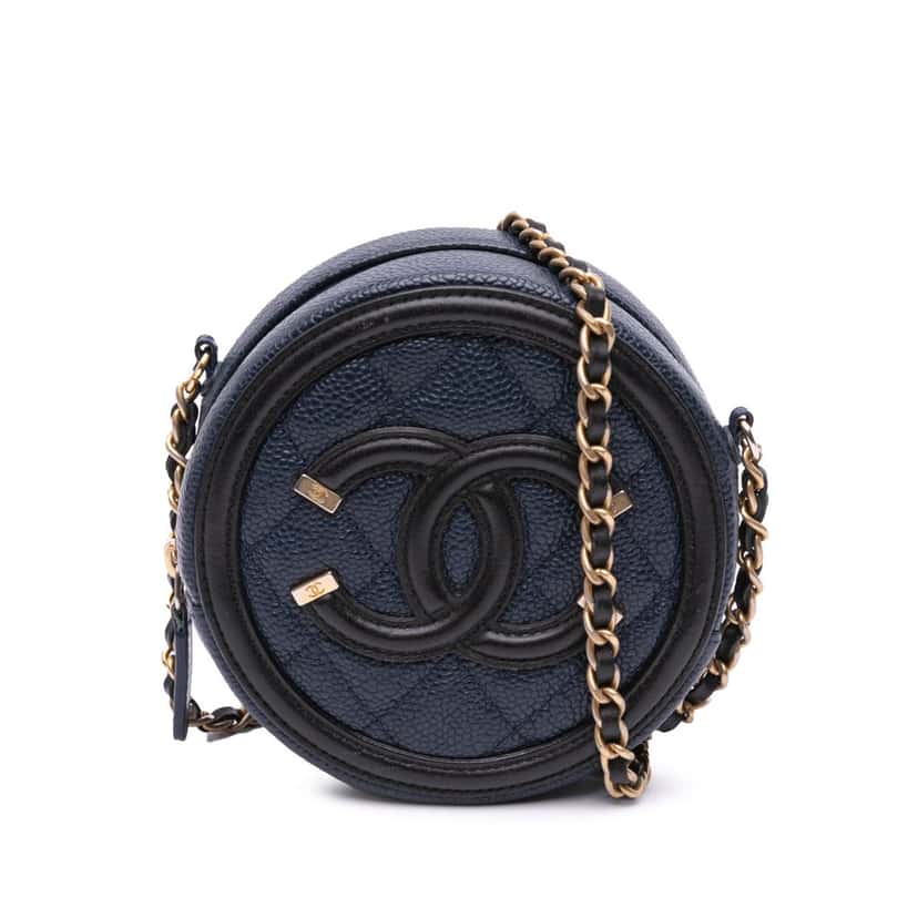 Chanel Caviar CC Filigree Round Crossbody Bag Blue Leather Good condition - Front View