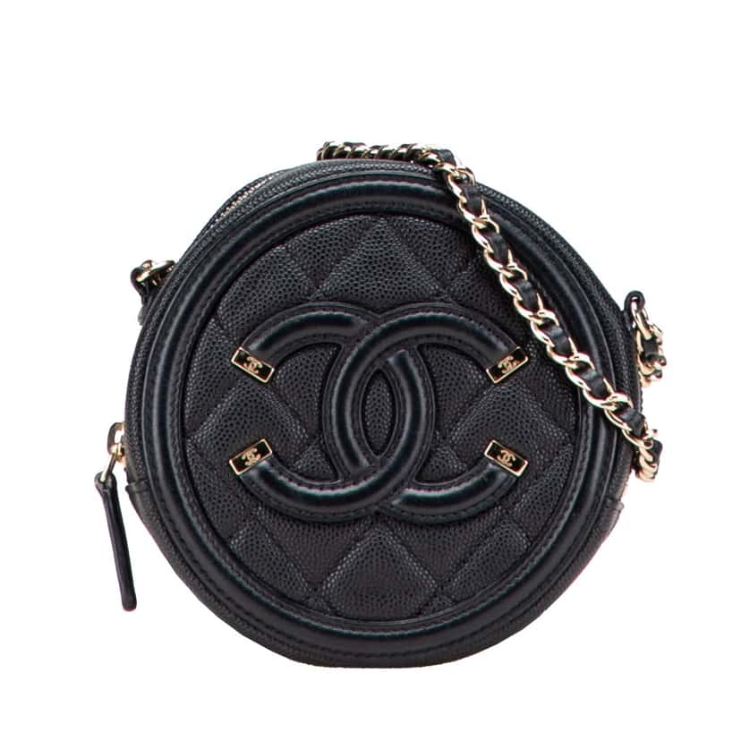 Chanel Caviar CC Filigree Round Clutch with Chain Black Leather Good condition - Front View