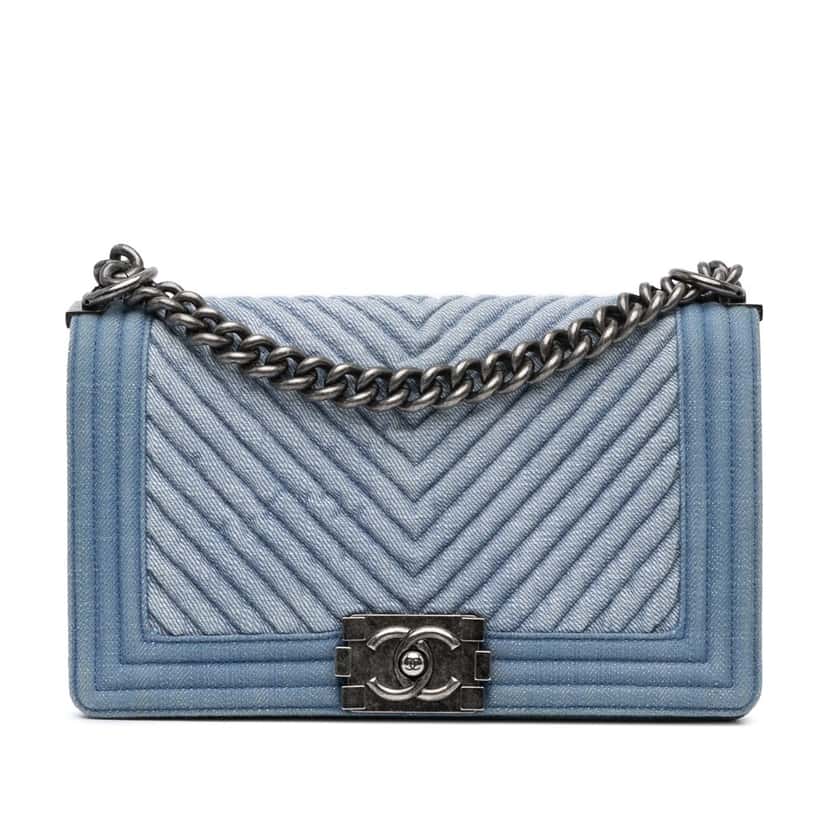 Chanel Old Medium Chevron Denim Boy Flap Blue Denim Good condition - Front View