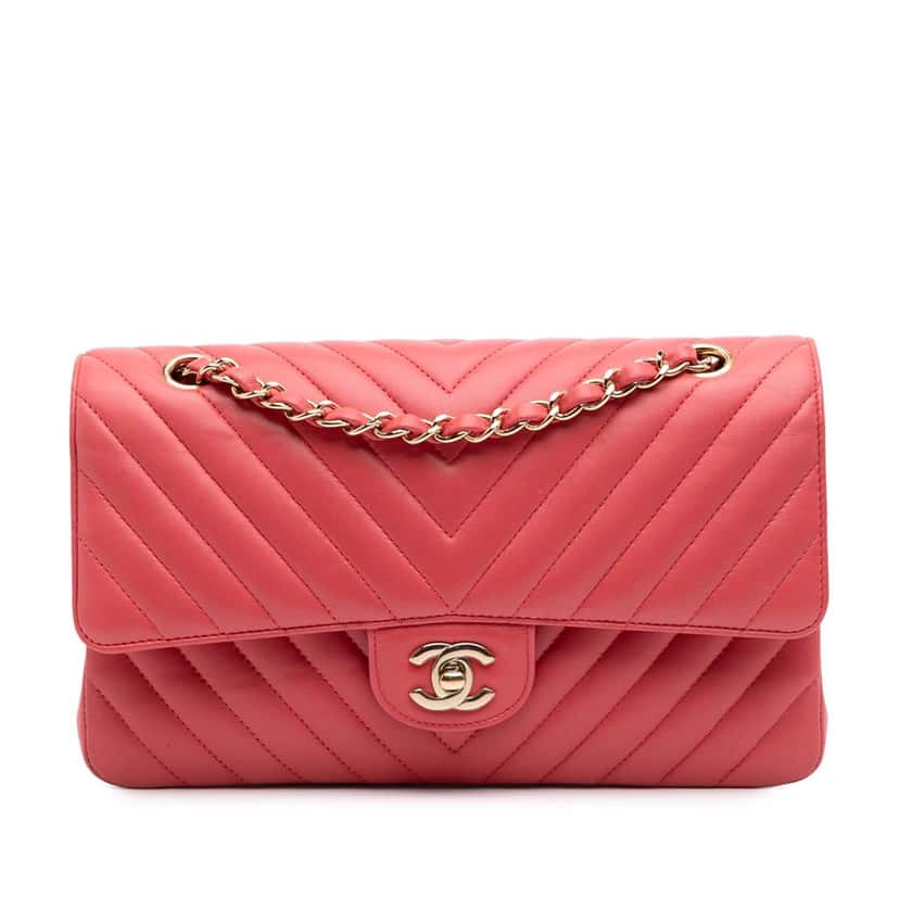 Chanel Medium Classic Chevron Lambskin Double Flap Pink Leather Good condition - Front View