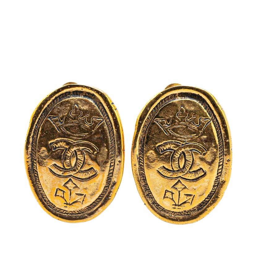 Chanel Gold Plated CC Crown Clip On Earrings Gold Metal Very good condition - Front View