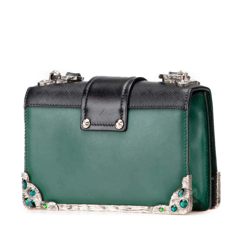 Prada Saffiano Trimmed City Calf Crystal Cahier Crossbody Green Leather Good condition - Back View