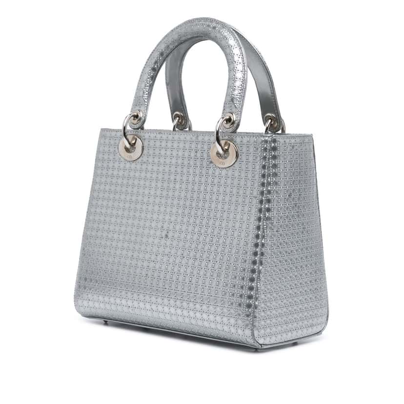 Dior Medium Metallic Patent Microcannage Lady Dior Silver Leather Good condition - Back View