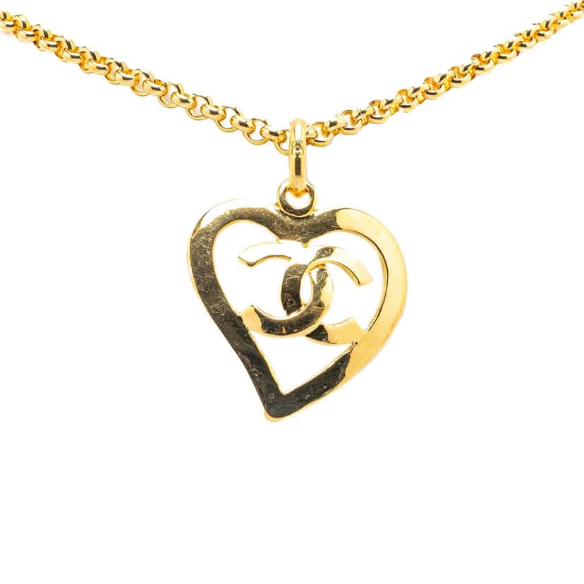 Chanel Gold Plated CC Heart Pendant Necklace Gold Metal Good condition - Front View