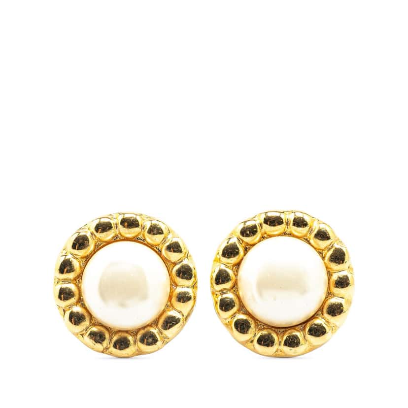 Chanel Gold Plated Faux Pearl Round Clip on Earrings Gold Metal Good condition - Front View