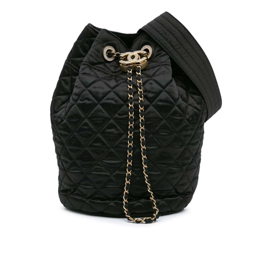Chanel Quilted Nylon Crystal CC Drawstring Sling Bag Black Good condition - Front View