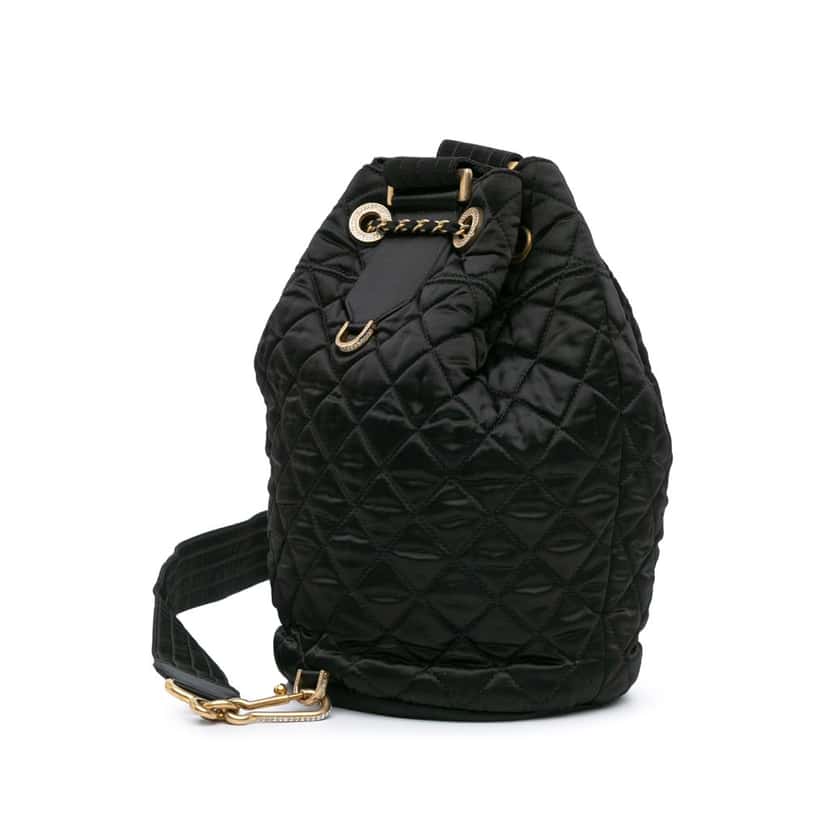 Chanel Quilted Nylon Crystal CC Drawstring Sling Bag Black Good condition - Back View