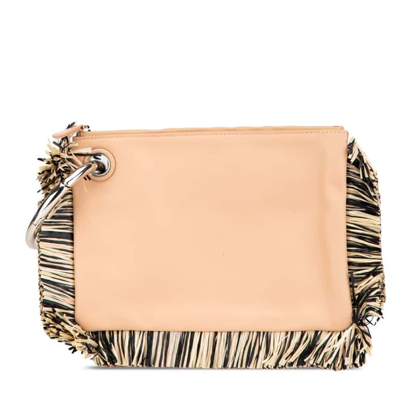 Fendi Zucca Leather and Raffia Triplette Clutch Brown Leather Good condition - Front View