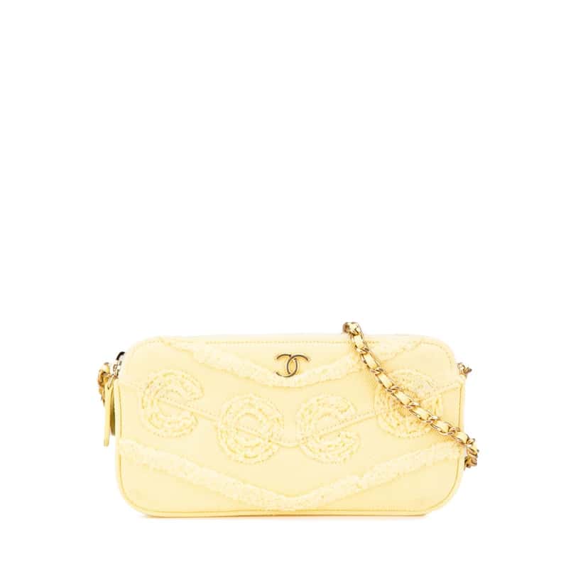 Chanel Denim Coco Fringe Double Zip Clutch with Chain Yellow Denim Good condition - Front View