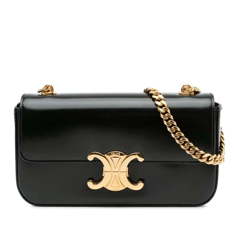 Celine Smooth Calfskin Cuir Triomphe Chain Shoulder Bag Black Leather Good condition - Front View