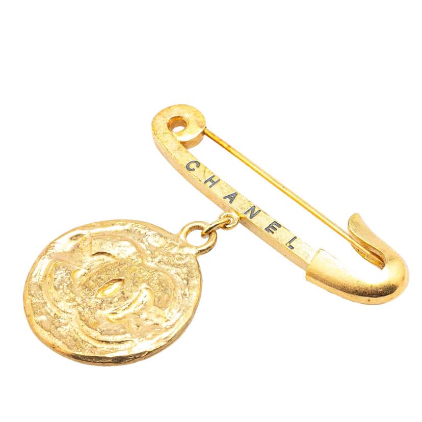 Chanel Gold Plated CC Medallion Safety Pin Brooch Gold Metal Good condition - Back View