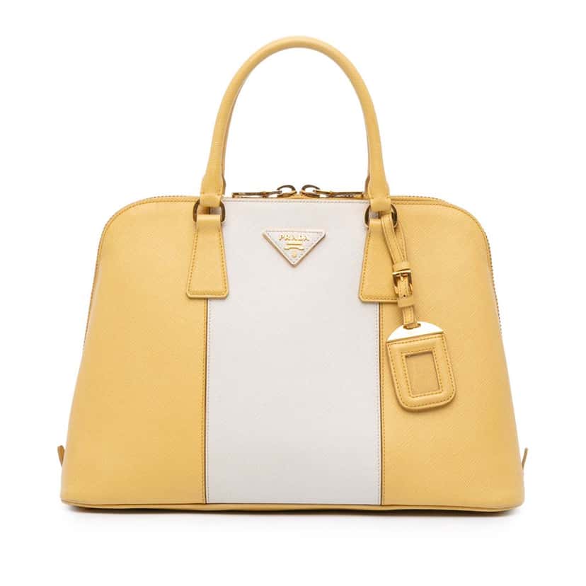 Prada Medium Bicolor Saffiano Lux Promenade Satchel Yellow Leather Good condition - Front View