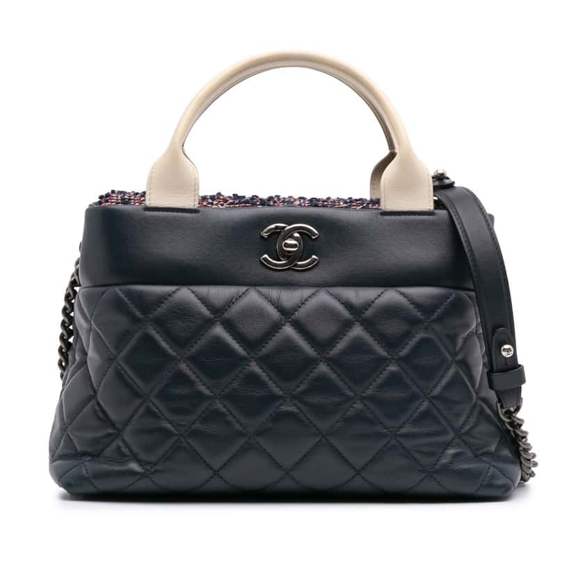 Chanel Small Quilted Calfskin and Tweed Top Handle Tote Blue Leather Good condition - Front View