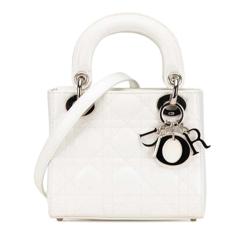 Dior Mini Lambskin Cannage Lady Dior White Leather Good condition - Front View