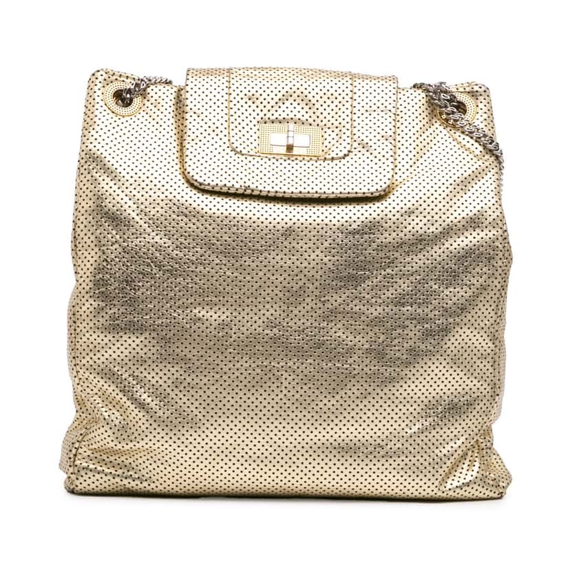 Chanel Perforated Crackled Metallic Calfskin Drill Tote Gold Leather Very good condition - Front View