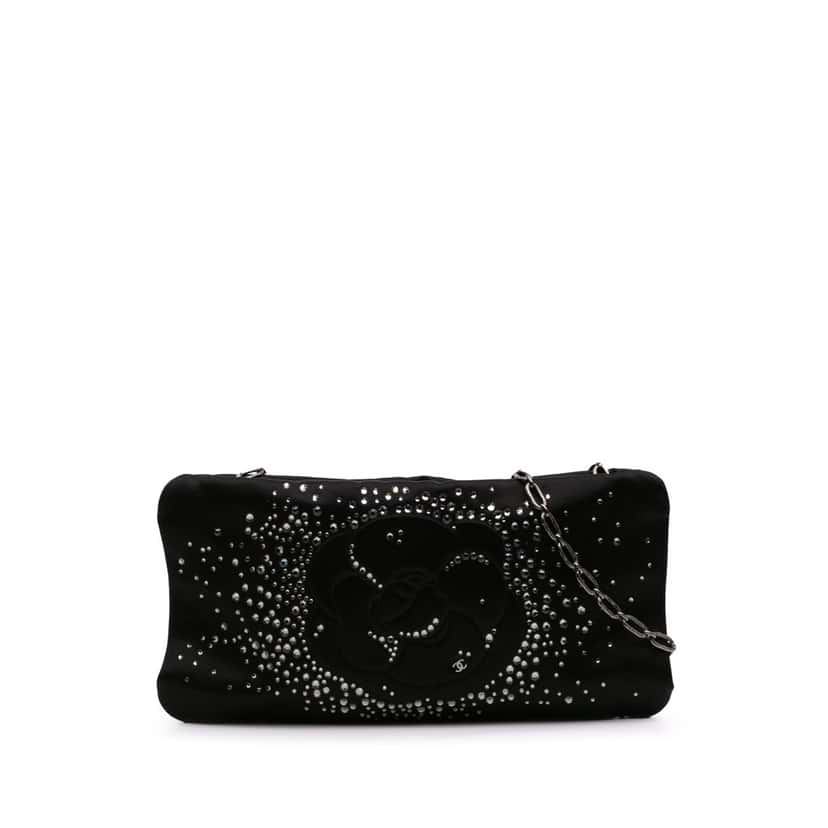 Chanel Satin Diamante Camellia Clutch with Chain Black Satin Good condition - Front View