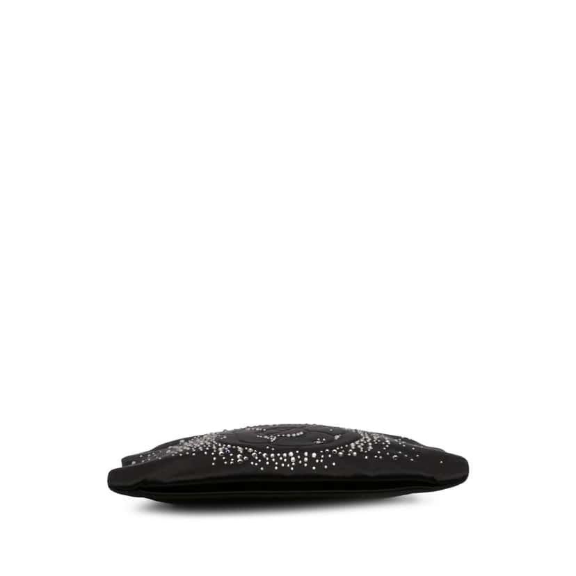 Chanel Satin Diamante Camellia Clutch with Chain Black Satin Good condition - Inside View
