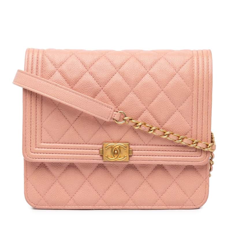 Chanel Quilted Caviar Square Boy Wallet On Chain Pink Leather Good condition - Front View