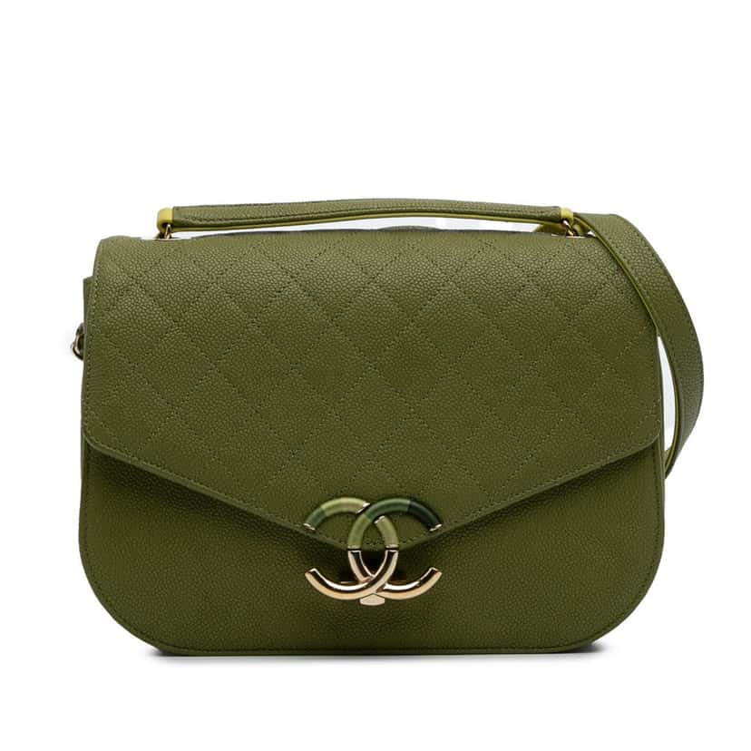 Chanel Medium Quilted Caviar Thread Around Flap Green Leather Good condition - Front View