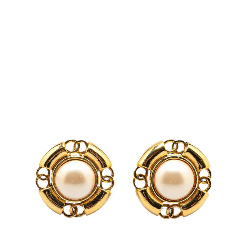 Chanel Gold Plated CC Faux Pearl Clip on Earrings Gold Metal Good condition - Front View